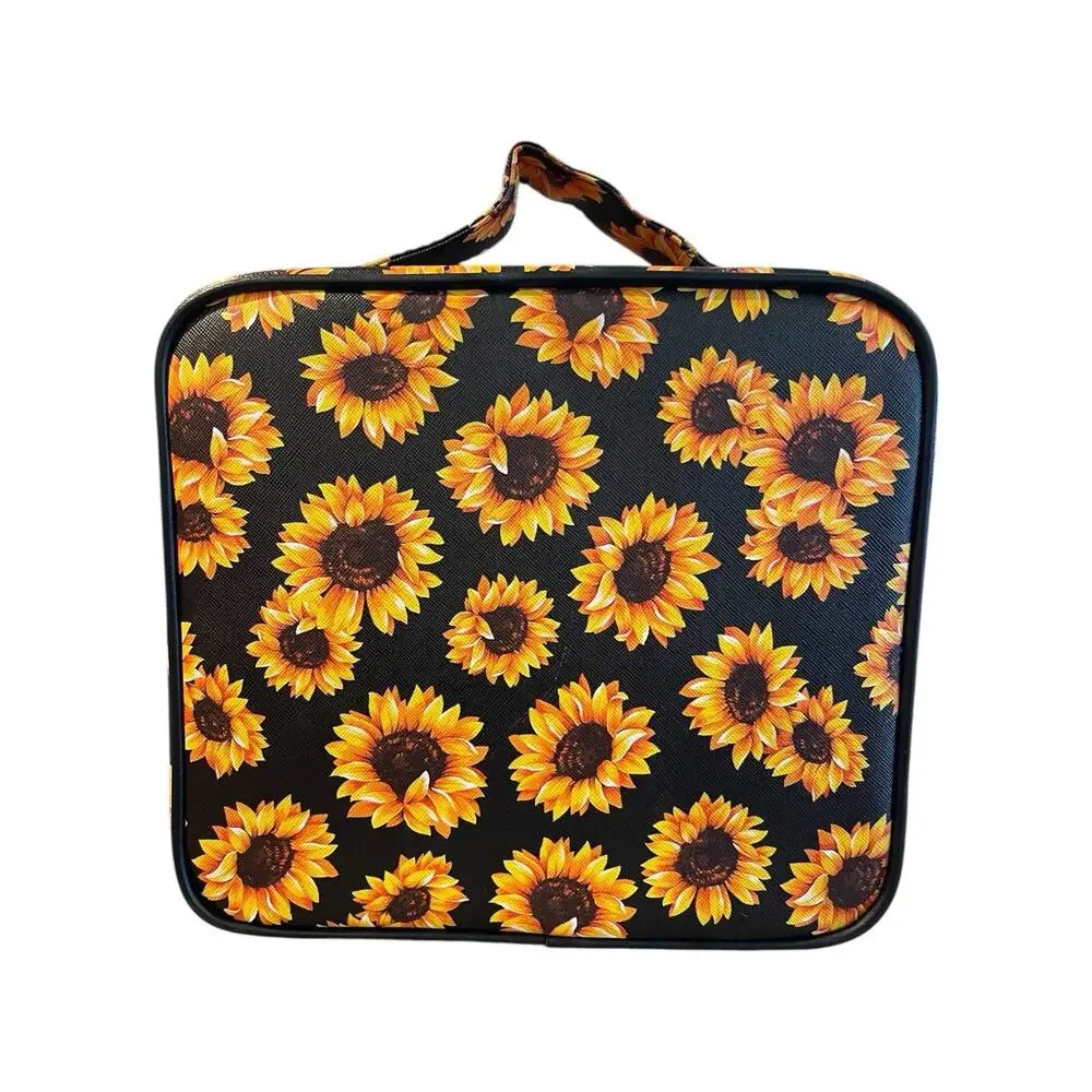 Travel Makeup Train Case - Adjustable Compartments - Sunflower Design